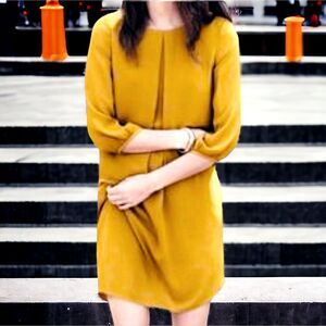 H&M A-Line Shift MOD Mini Dress Front Pleat 3/4 Sleeves Yellow Marigold Sz 4